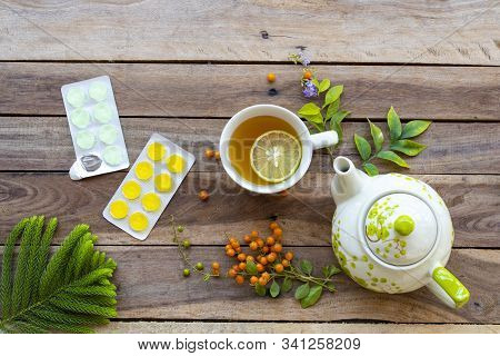 Herbal Healthy Drinks Hot Honey ,lemon Tea And Lozenge For Health Care Sore Throat  Arrangement Flat
