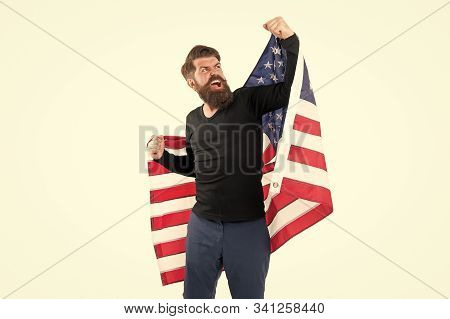 Freedom Is Nothing But A Chance To Be Free. Happy Bearded Man Holding American Flag On Independence 