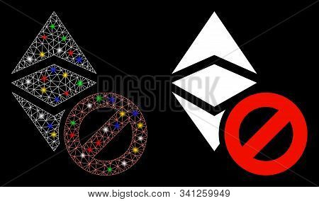 Glossy Mesh Forbidden Ethereum Classic Icon With Glow Effect. Abstract Illuminated Model Of Forbidde