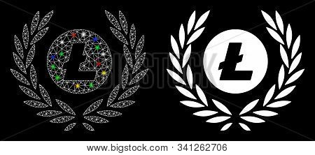 Glossy Mesh Litecoin Coin Laurel Wreath Icon With Glare Effect. Abstract Illuminated Model Of Liteco