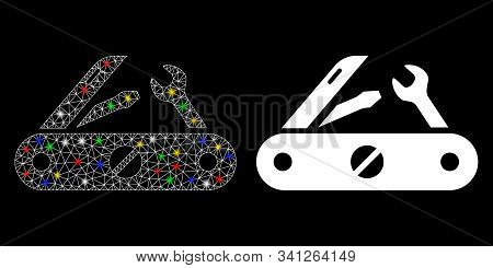 Glossy Mesh Multitool Knife Icon With Glare Effect. Abstract Illuminated Model Of Multitool Knife. S