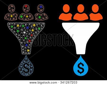 Glowing Mesh Sales Funnel Icon With Glitter Effect. Abstract Illuminated Model Of Sales Funnel. Shin