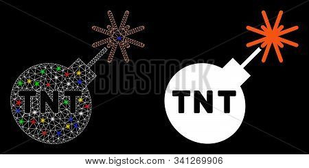 Flare Mesh Tnt Bomb Icon With Sparkle Effect. Abstract Illuminated Model Of Tnt Bomb. Shiny Wire Car