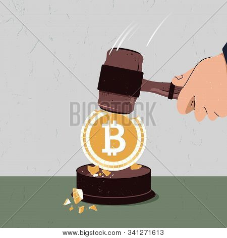 Hand Holding Justice Hammer Pounding On Bitcoin, Law Regulating Bitcoin