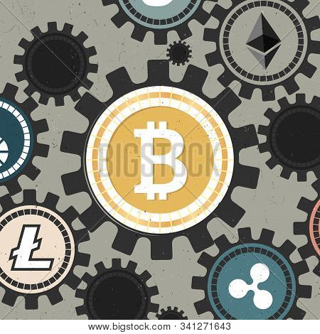 Bitcoin And Other Cryptocurrencies On Gear Wheel, Bitcoin Drives Other Cryptocurrencies Price