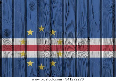 Cabo Verde Flag Depicted In Bright Paint Colors On Old Wooden Wall. Textured Banner On Rough Backgro