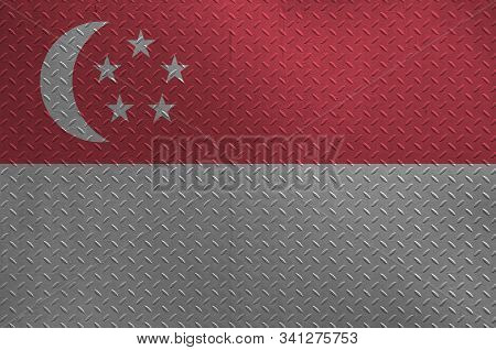 Singapore Flag Depicted In Paint Colors On Old Brushed Metal Plate Or Wall Closeup. Textured Banner 