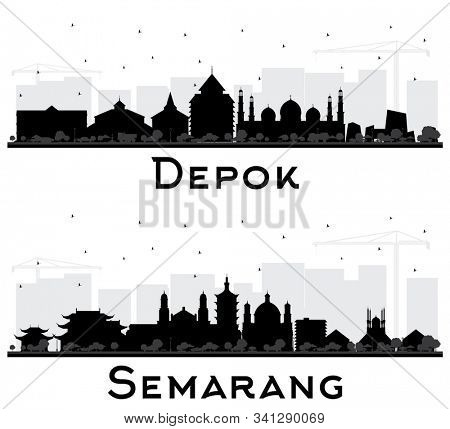 Depok and Semarang Indonesia City Skyline Silhouette with Black Buildings Isolated on White. Business Travel and Concept with Modern Architecture. Semarang Cityscape with Landmarks.
