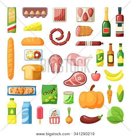 Everyday Supermarket Food Items Assortment Flat Vector Illustrations Set