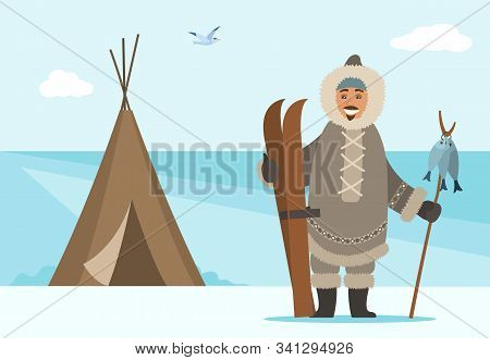 Arctic Person Outdoors Standing By Shelter Holding Ski Equipment And Wooden Stick With Hunted Fish. 