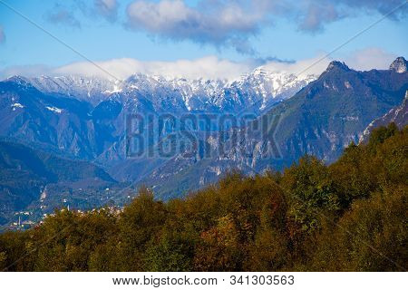 The First Snow In The Pre-alps On The Path To Monte Pau In Cogollo Del Cengio In The Province Of Vic