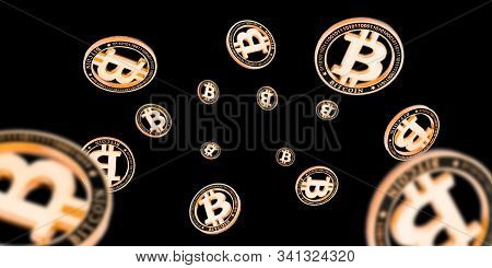 Bitcoin Wallet. Gold Falling Cryptomoney Isolated On Dark. Litecoin, Ethereum Cryptocurrency Backgro