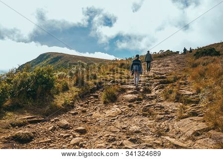 Cambara Do Sul - Brazil, July 18, 2019. People On Rocky Trail Going Up To The Top Of Fortaleza Canyo