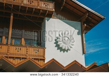 Gramado, Brazil - July 21, 2019. Detail Of Charming Facade From Festivals Palace With The Symbol Of 