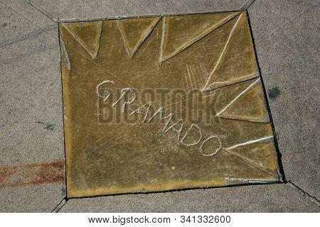 Gramado, Brazil - July 21, 2019. Metal Plaque On The Walk Of Fame In Front Of The Festivals Palace A