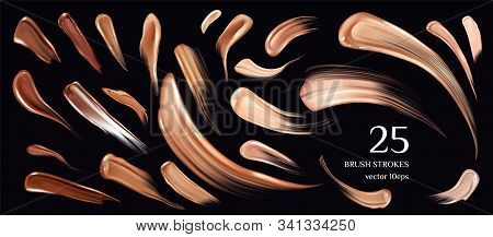 Skin Foundation Brush Strokes Collection. Smears Of Beauty Cosmetics Elements Isolated On Black Back