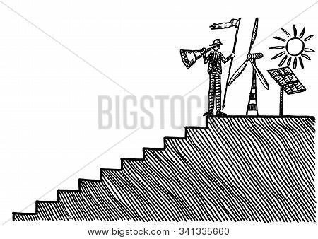 Drawing Of Male Engineer At Top Of Stairs Looking Back With Hindsight From His Investment In Renewab