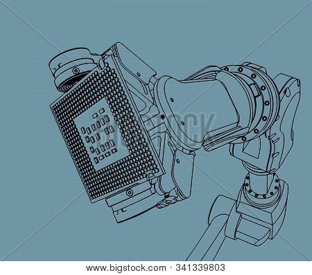 Vector Illustration On The Theme Of Robotics And Integrated Microelectronics. Industrial Robot Holds