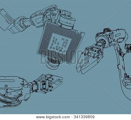 Vector Illustration On The Theme Of Robotics And Integrated Microelectronics. Industrial Robot Holds