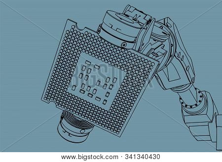 Vector Illustration On The Theme Of Robotics And Integrated Microelectronics. Industrial Robot Holds