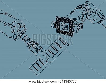 Vector Illustration On The Theme Of Robotics And Integrated Microelectronics. Industrial Robots Hold