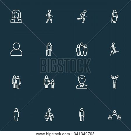 Person Icons Line Style Set With Contact, Oldster, Stairs And Other Climbing Elements. Isolated Vect