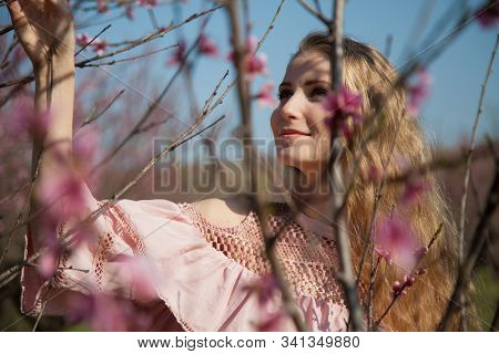 Beautiful Blonde Woman In Pink Dress Walks Through The Flowering Garden Spring