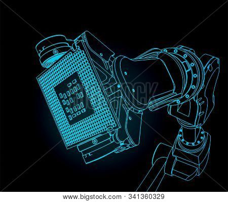 Vector Illustration On The Theme Of Robotics And Integrated Microelectronics. Industrial Robot Holds