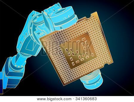 Vector Illustration On The Theme Of Robotics And Integrated Microelectronics. Industrial Robot Holds