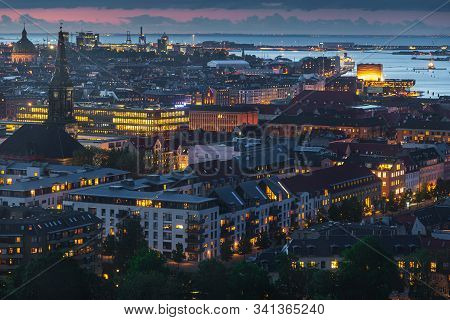 Copenhagen, Denmark- 27 May 2015: Night Panorama Of The Capital City. View Of The Port, Sydhavnen. I