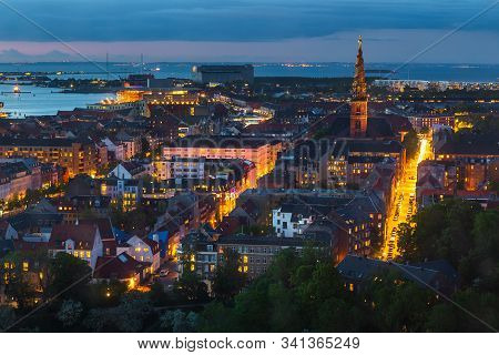 Copenhagen, Denmark- 27 May 2015: Night Panorama Of The Capital City. View Of The Port, Sydhavnen. I