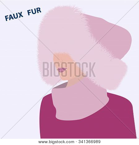 Girl In A Stylish Knitted Hood, Fur Trim, Pink Long Pile - Vector. Artificial Fur. The Headdress Is 