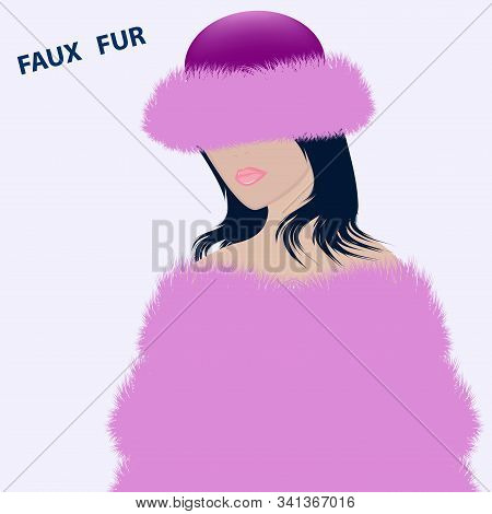 Girl In A Pink Winter Hat And Fur Coat, Stole, Cape, Long Pile - Vector. Artificial Fur. The Headdre