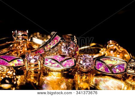 Fashion Rose Gold Bracelet With Pink Zircon And Synthetic Opal Stone.