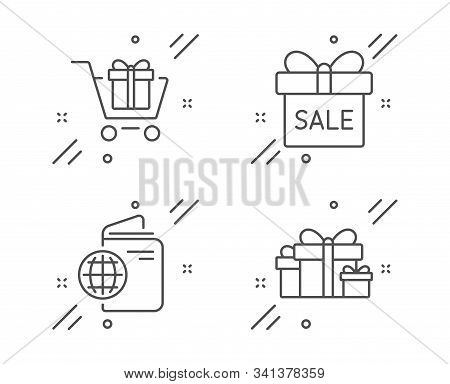 Shopping Cart, Travel Passport And Sale Offer Line Icons Set. Holiday Presents Sign. Gift Box, Trip 
