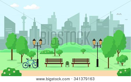 City Parc With Trees, Bench, Flowers And Buildings. Spring Or Summer Landscape Background Vector Ill