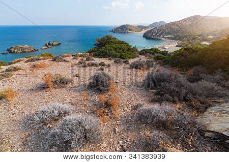Aerial View On Beautiful Vai Palm Beach At Eastern Part Of Crete Island. Afternoon Foto. Greece Euro
