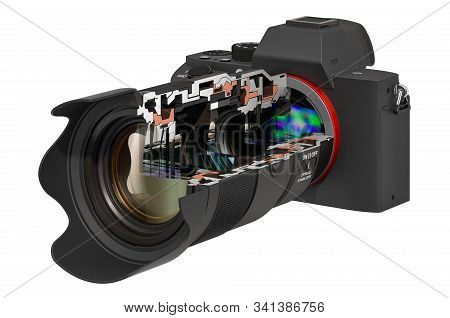 Sectional Of Mirrorless Digital Camera With Zoom Lens, 3d Rendering Isolated On White Background