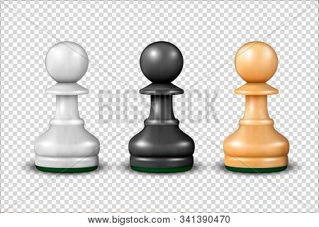 Vector 3d Realistic White, Black And Wooden Pawn Icon Set Isolated On Transparent Background. Design