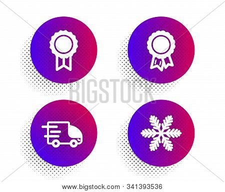 Truck Delivery, Success And Reward Icons Simple Set. Halftone Dots Button. Snowflake Sign. Express S