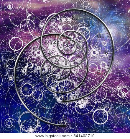 Spiral time and quantum particles in space. Physics. 3D rendering