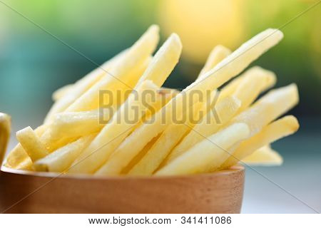 French Fries In Wooden Bowl Delicious Italian Meny Homemade Ingredients On Table Nature Green Backgr