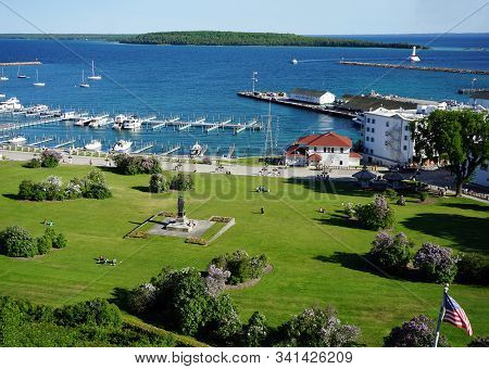 Mackinac Island, Michigan / United States - June 11, 2018:: A View Of Marquette Park And The Mackina