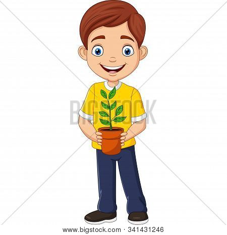 Vector Illustration Of Smiling Boy Holding A Potted Plant In Hand