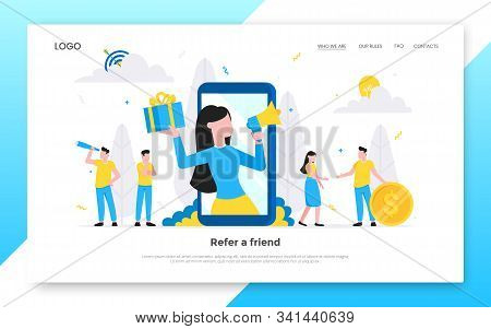 Refer A Friend Flat Style Design Vector Illustration Landing Page Concept. Woman With Megaphone And 