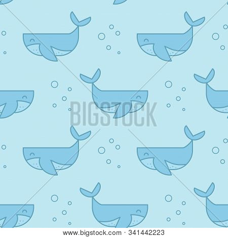 Whales, Sperm Whales In The Sea. Cute Underwater Mammals Seamless Pattern. Flat Comic Style