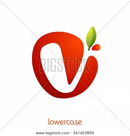 Lowercase Letter V Logo In Fresh Juice Splash With Green Leaf. Vector Elements Can Be Used For Natur