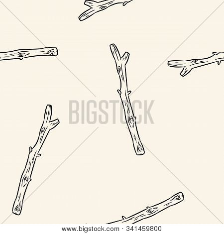 Dry Rustic Tree Branches Doodles Seamless Pattern. Boho Image Of Sticks Emplate Background Tile
