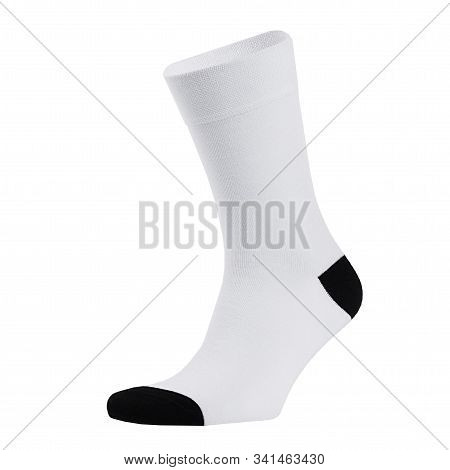 Blank White Cotton Long Sock With Black Heel On Invisible Foot Isolated On White Background As Mock 
