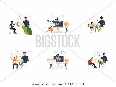 Set Of Cybercrime Teams Hacking Into Computers. Flat Vector Illustrations Of Hackers Breaking Privat